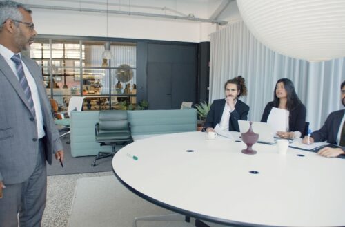 Executive team discussing strategy around a conference table