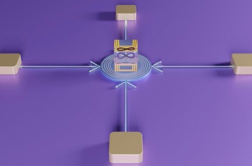 Central data hub linking four surrounding nodes on a purple background