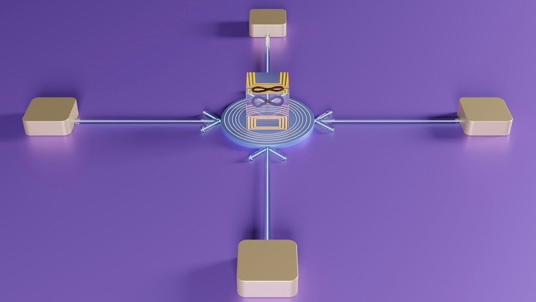 Central data hub linking four surrounding nodes on a purple background
